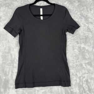 Lululemon Black Short Sleeve T-Shirt Size 6 Top Logo Pima Cotton Spandex DEFECTS